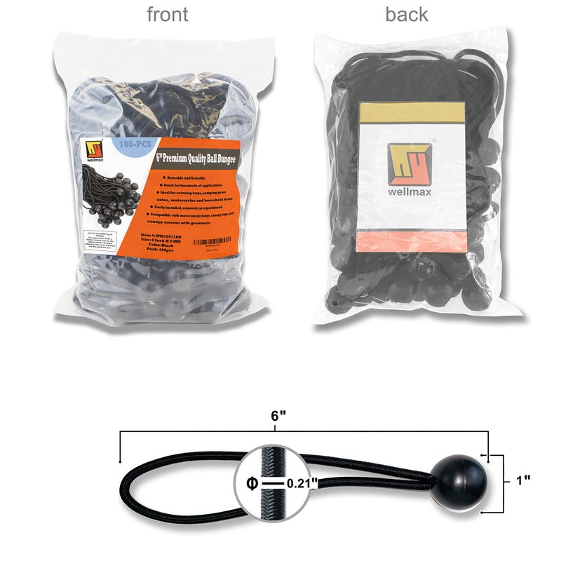 Wellmax 100-Pack 6 Inch Ball Bungee Cords by Wellmax - Heavy Duty, Versatile, and Built to Last - Ideal for Camping, Tarp Tie-Downs, Canopies, Hoses, Cords, and Wires - 5mm Thickness - Black Color - Image 2